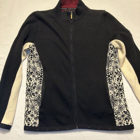 Dale of Norway Sweaters - Dale of Norway Women's Black Cream Snowflake Nordic Full Zip Wool Sweater Size L